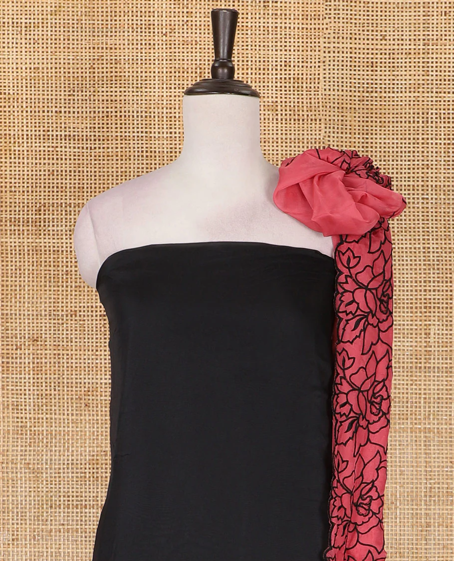 Black and rani pink organza material churidar set, Lucknowi chikankari floral vine embroidery top, plain bottom, and contrast floral embroidery dupatta - Image 3