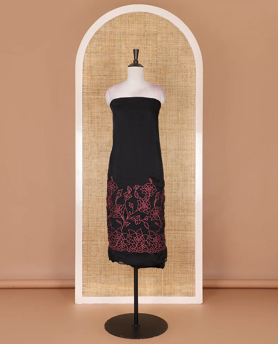 Black and rani pink organza material churidar set, Lucknowi chikankari floral vine embroidery top, plain bottom, and contrast floral embroidery dupatta - Image 4
