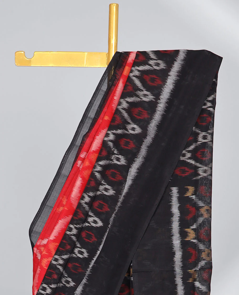 black and red argyle design ikkat cotton saree with self plain border & argyle design pallu - Image 3