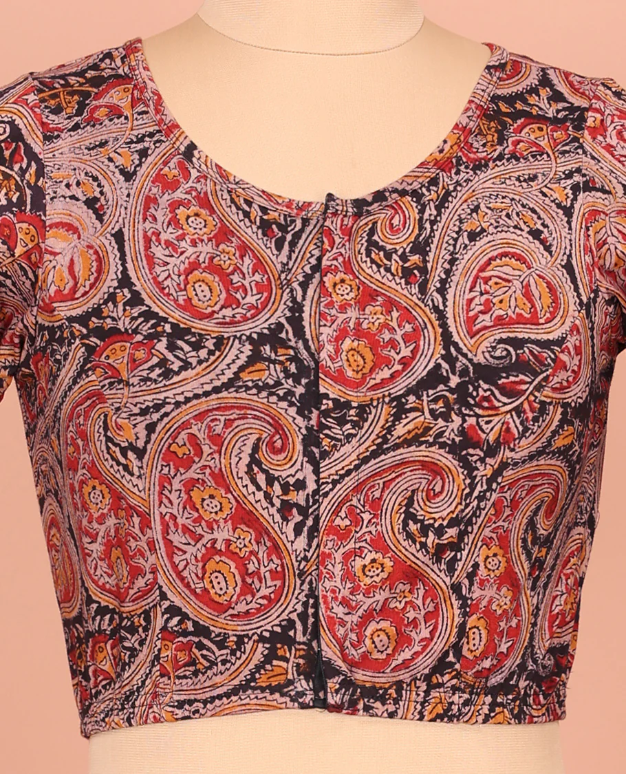 Black and Red Cotton Readymade Blouse Decked up with All-Over Paisley Motifs Print, Front Round-Neck, Back Round Neck, and Elbow Sleeves - Image 2