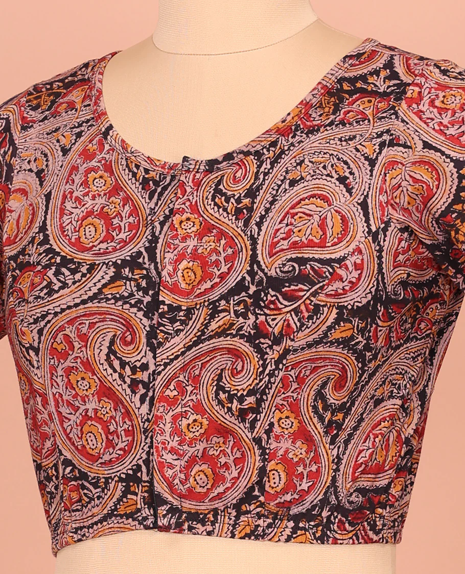 Black and Red Cotton Readymade Blouse Decked up with All-Over Paisley Motifs Print, Front Round-Neck, Back Round Neck, and Elbow Sleeves - Image 3