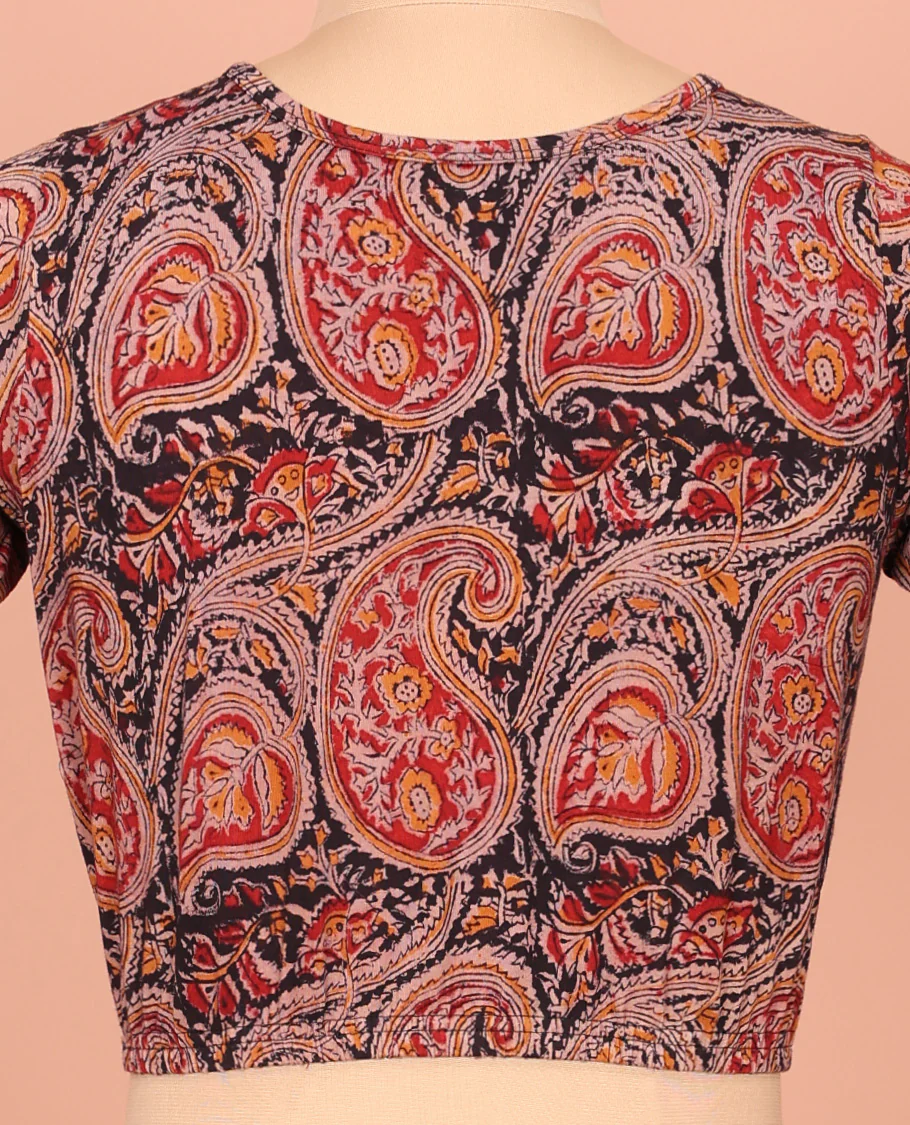 Black and Red Cotton Readymade Blouse Decked up with All-Over Paisley Motifs Print, Front Round-Neck, Back Round Neck, and Elbow Sleeves - Image 4