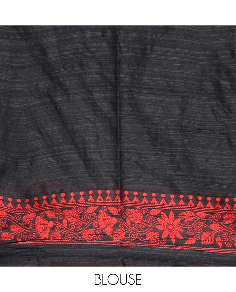 Black and red floral thread buttas woven jute cotton saree, floral thread weave border, floral-paisley weave pallu, and a matching blouse - Image 4