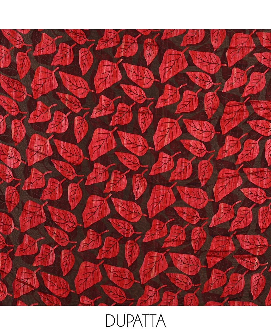 Black and red material churidar set, neck leaf print with mirror work Vichitra silk top, plain santoon bottom, and leaf printed shimmer georgette dupatta - Image 2