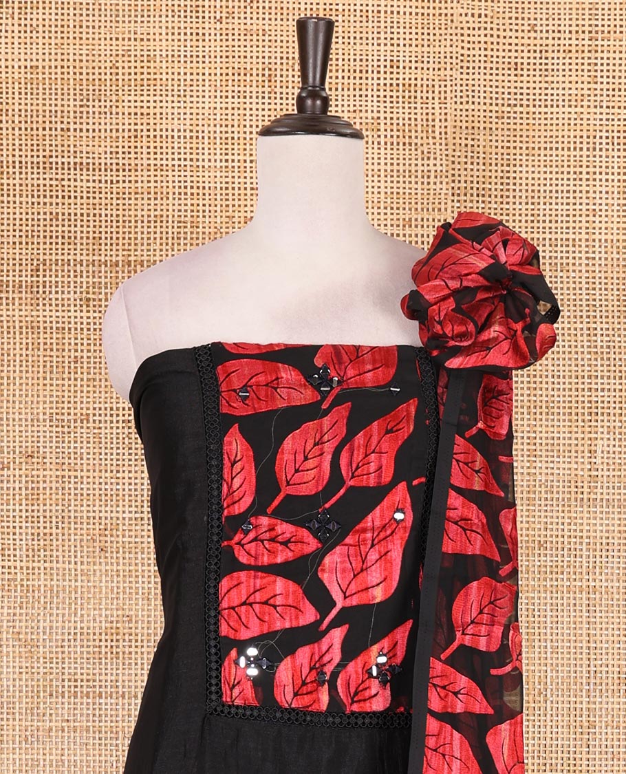 Black and red material churidar set, neck leaf print with mirror work Vichitra silk top, plain santoon bottom, and leaf printed shimmer georgette dupatta - Image 3