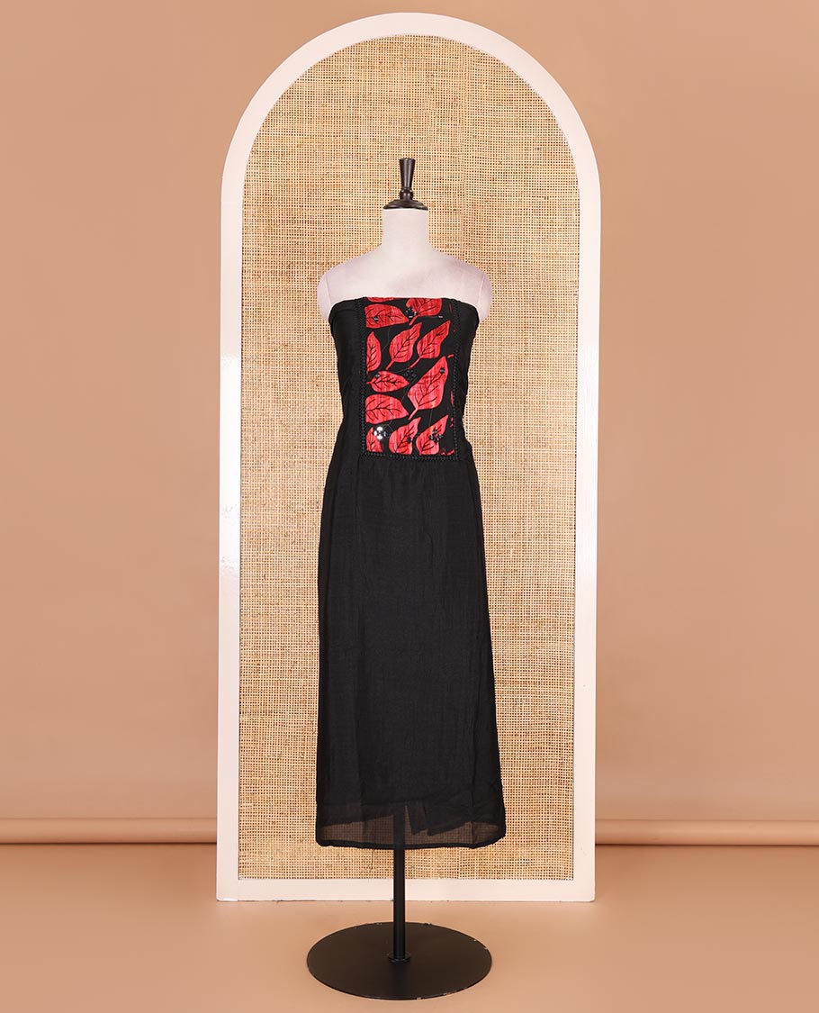 Black and red material churidar set, neck leaf print with mirror work Vichitra silk top, plain santoon bottom, and leaf printed shimmer georgette dupatta - Image 4