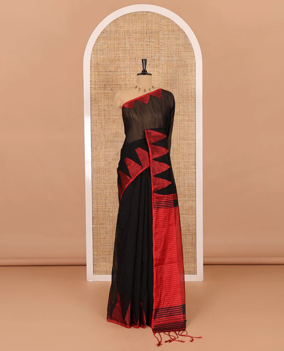 Black and red plain khadi mul cotton saree, contrast thread temple border, plain pallu, and a contrast plain blouse - Image 2