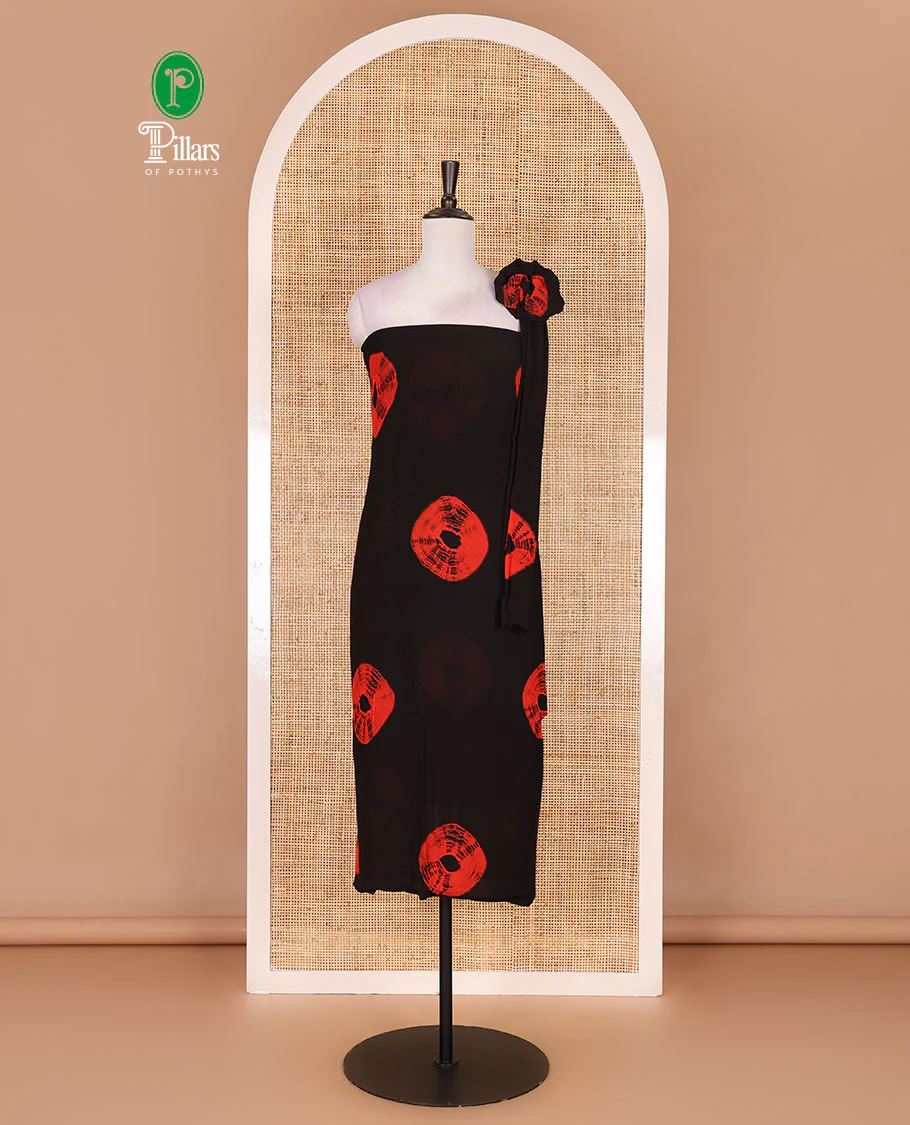 Black and red viscose georgette material churidar set, big bandhani dots printed top, plain bottom, and big bandhani dots printed dupatta
