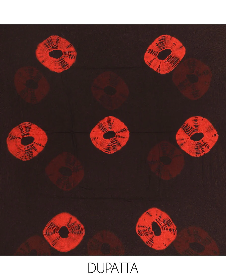 Black and red viscose georgette material churidar set, big bandhani dots printed top, plain bottom, and big bandhani dots printed dupatta - Image 2