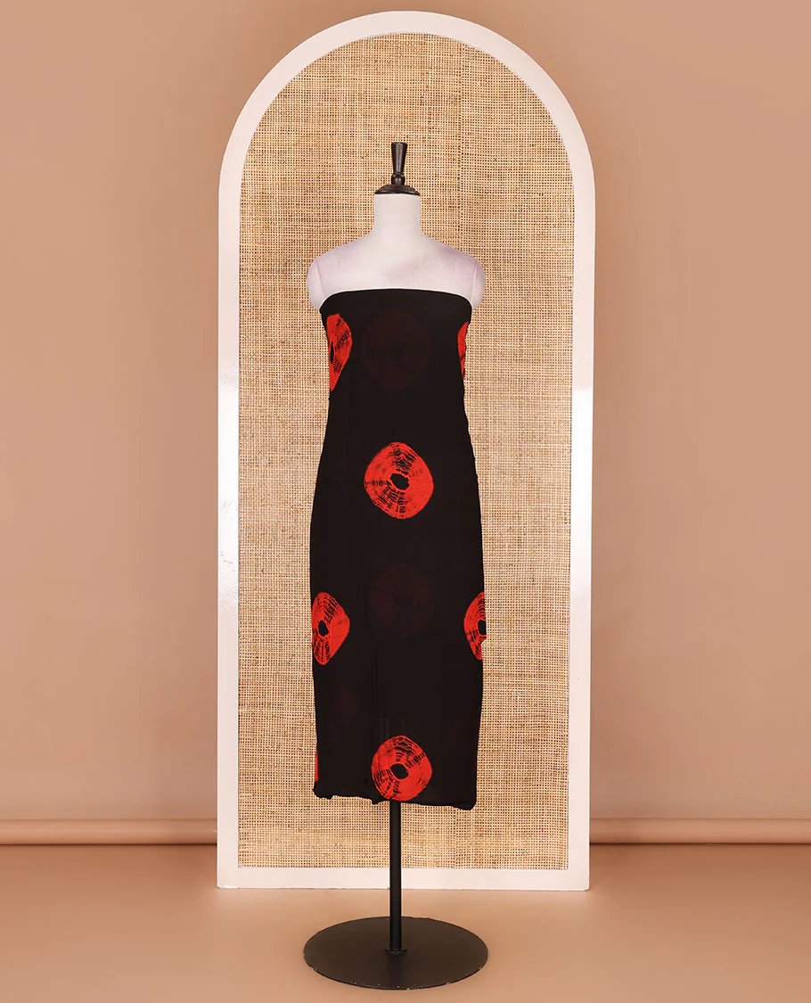 Black and red viscose georgette material churidar set, big bandhani dots printed top, plain bottom, and big bandhani dots printed dupatta - Image 3