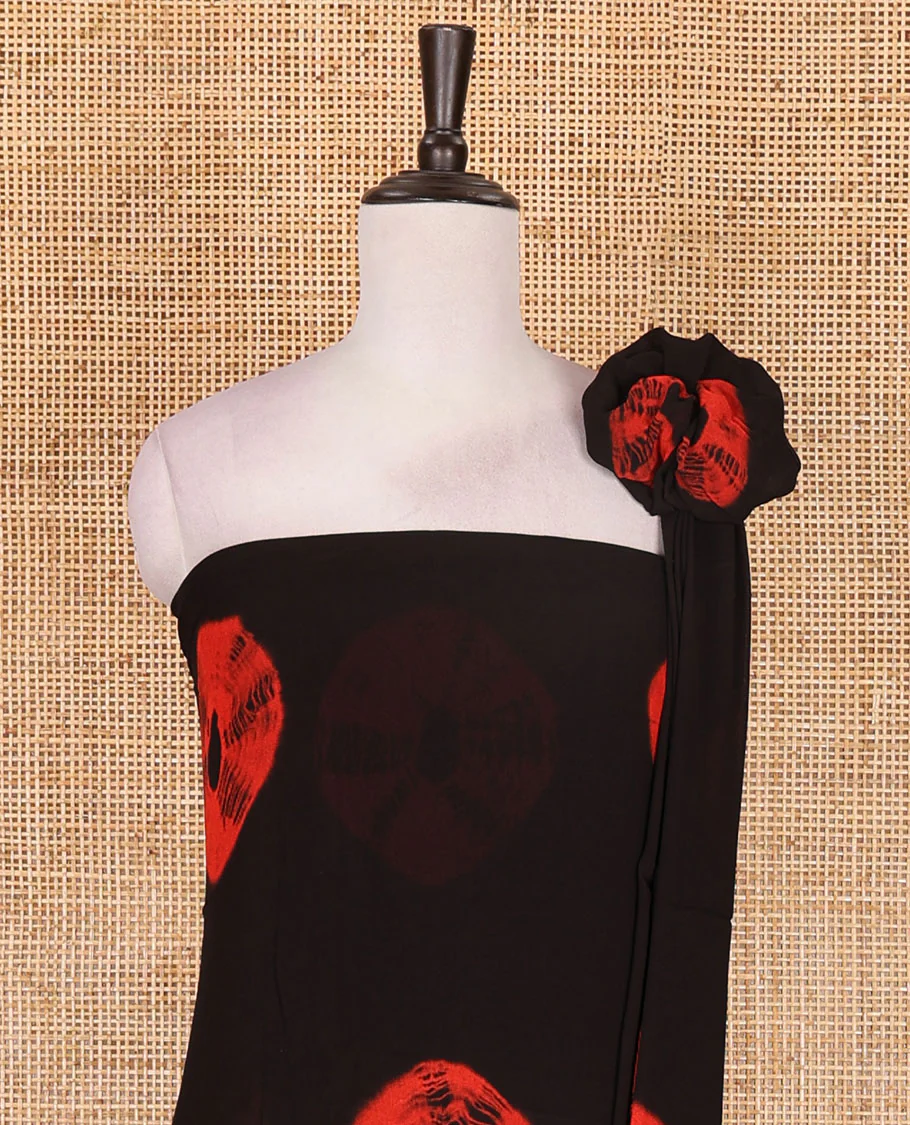 Black and red viscose georgette material churidar set, big bandhani dots printed top, plain bottom, and big bandhani dots printed dupatta - Image 4