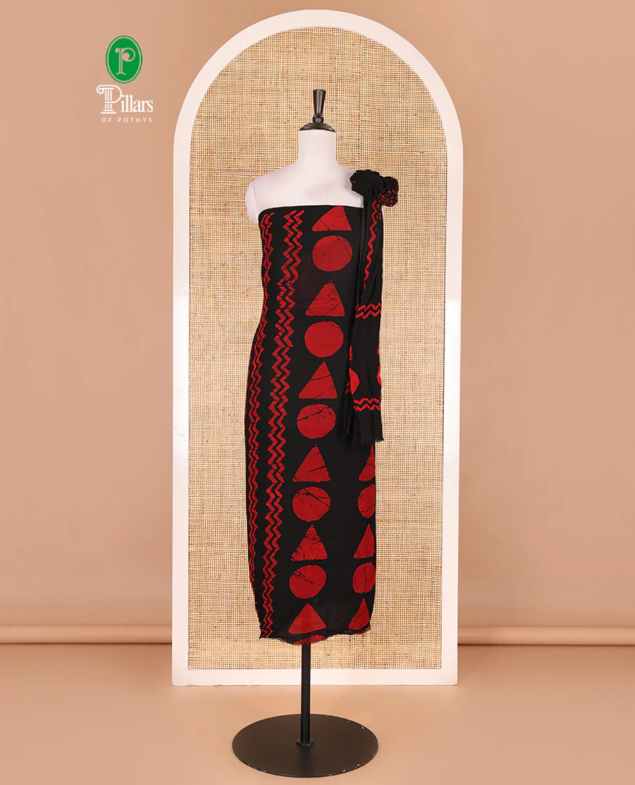 Black and red viscose georgette material churidar set, geometric shapes batik hand block printed top, plain bottom, and batik hand block printed dupatta
