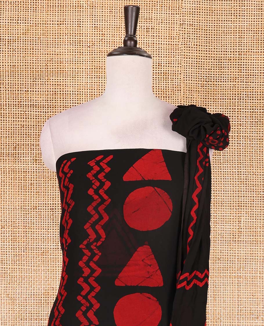 Black and red viscose georgette material churidar set, geometric shapes batik hand block printed top, plain bottom, and batik hand block printed dupatta - Image 3