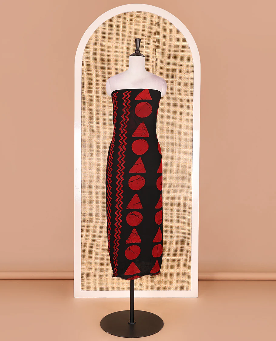Black and red viscose georgette material churidar set, geometric shapes batik hand block printed top, plain bottom, and batik hand block printed dupatta - Image 4