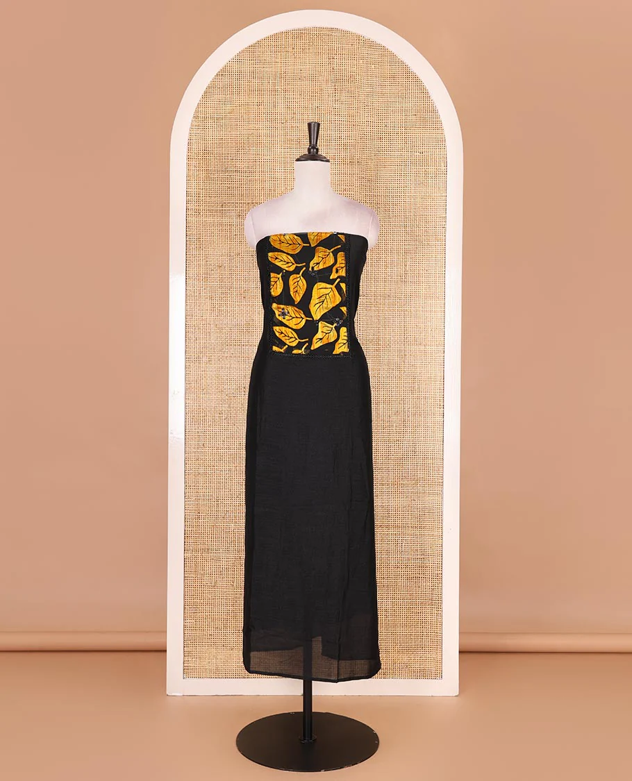 Black and yellow material churidar set, neck leaf print with mirror work Vichitra silk top, plain santoon bottom, and leaf printed shimmer georgette dupatta - Image 4