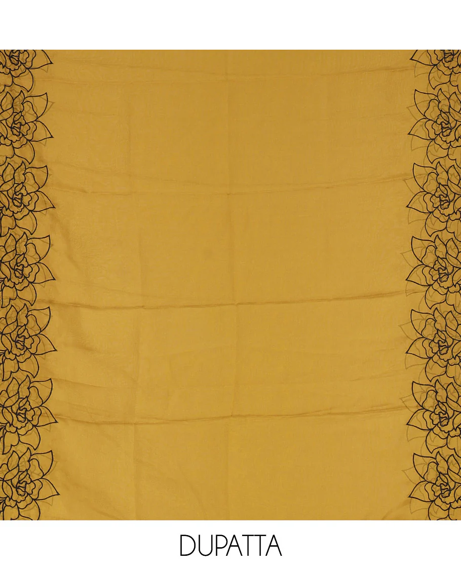 Black and yellow organza material churidar set, Lucknowi chikankari floral vine embroidery top, plain bottom, and contrast floral embroidery dupatta - Image 2