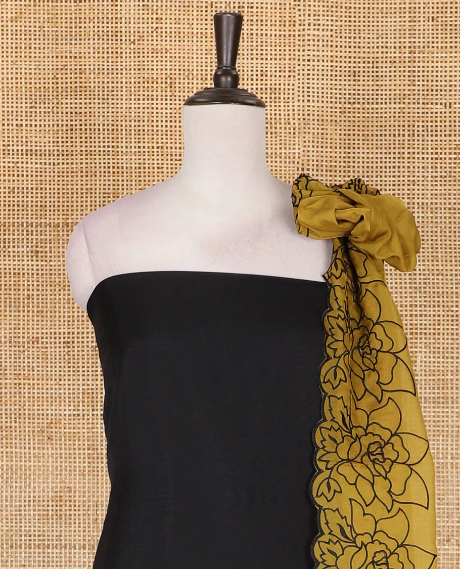 Black and yellow organza material churidar set, Lucknowi chikankari floral vine embroidery top, plain bottom, and contrast floral embroidery dupatta - Image 3