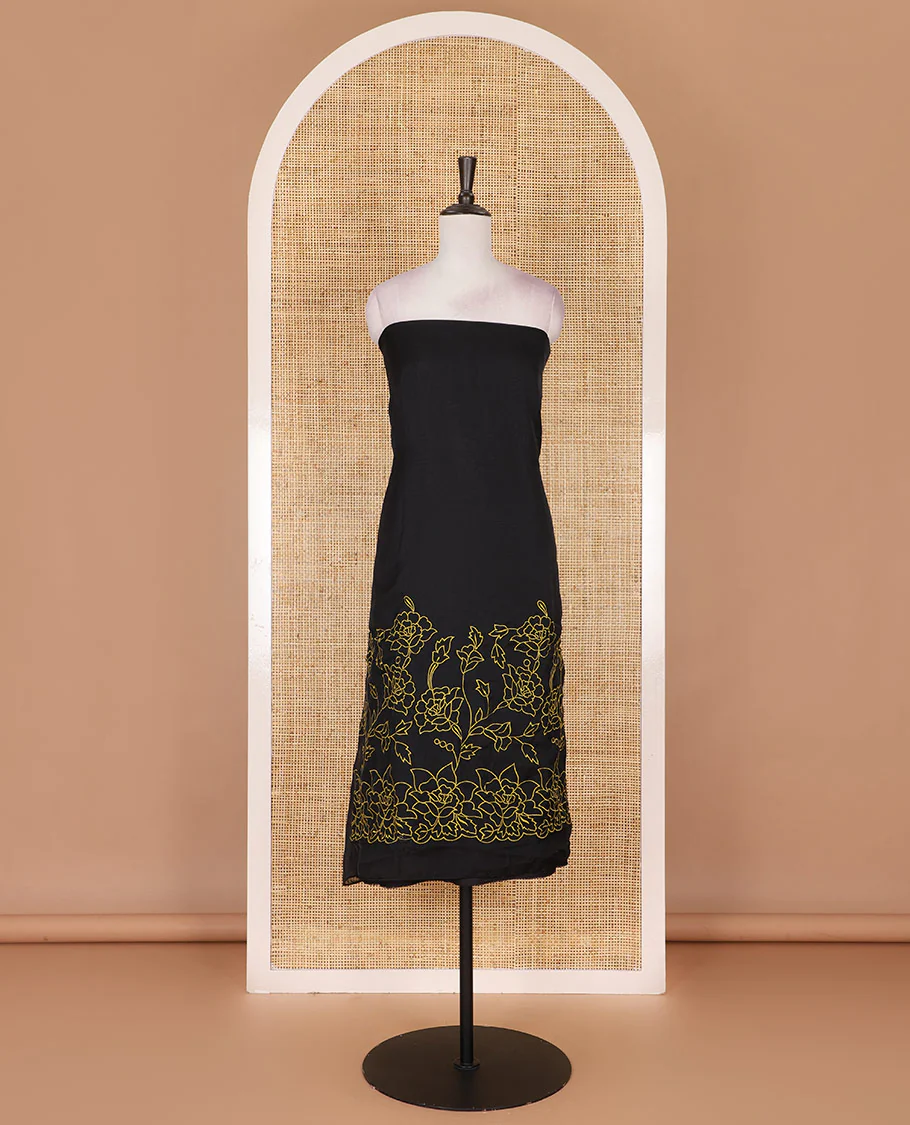 Black and yellow organza material churidar set, Lucknowi chikankari floral vine embroidery top, plain bottom, and contrast floral embroidery dupatta - Image 4