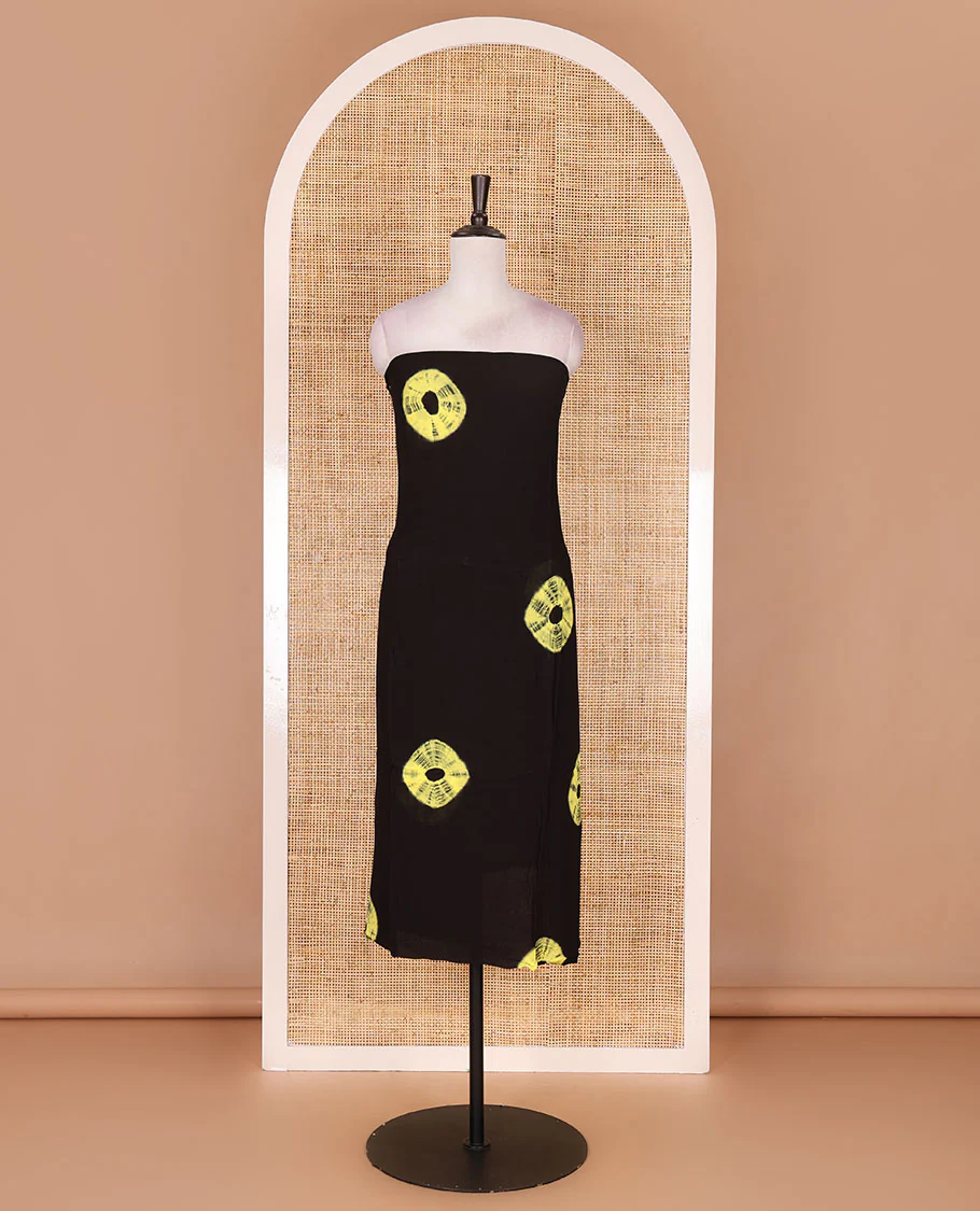 Black and yellow viscose georgette material churidar set, big bandhani dots printed top, plain bottom, and big bandhani dots printed dupatta - Image 3