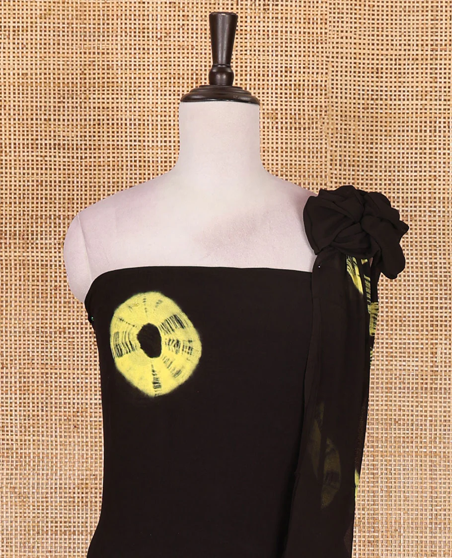 Black and yellow viscose georgette material churidar set, big bandhani dots printed top, plain bottom, and big bandhani dots printed dupatta - Image 4