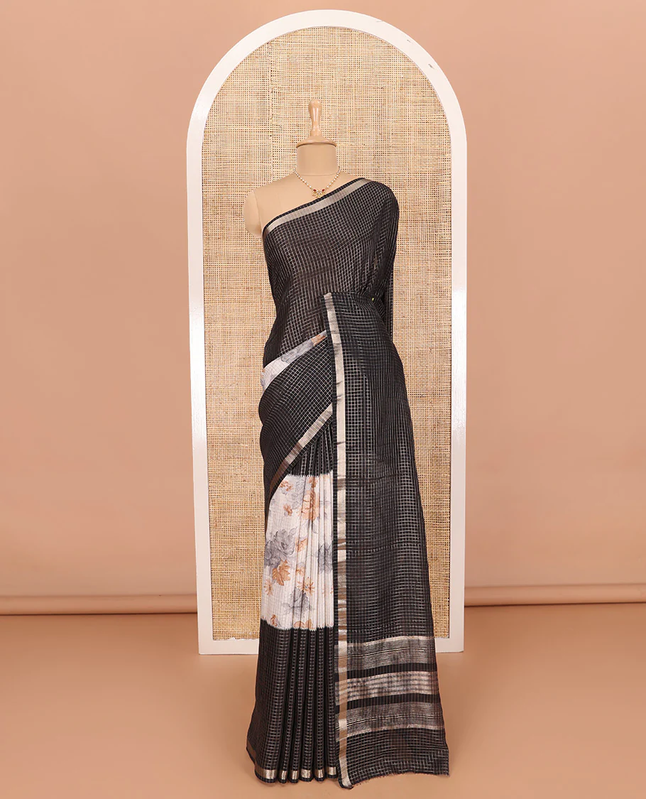 Black Assam Silk Saree Graced with Micro-Checks and Floral Prints, Featuring a Simple Piping Border, Subtly Woven Pallu with Zari Stripes, Paired with a Matching Checked Blouse - Image 2