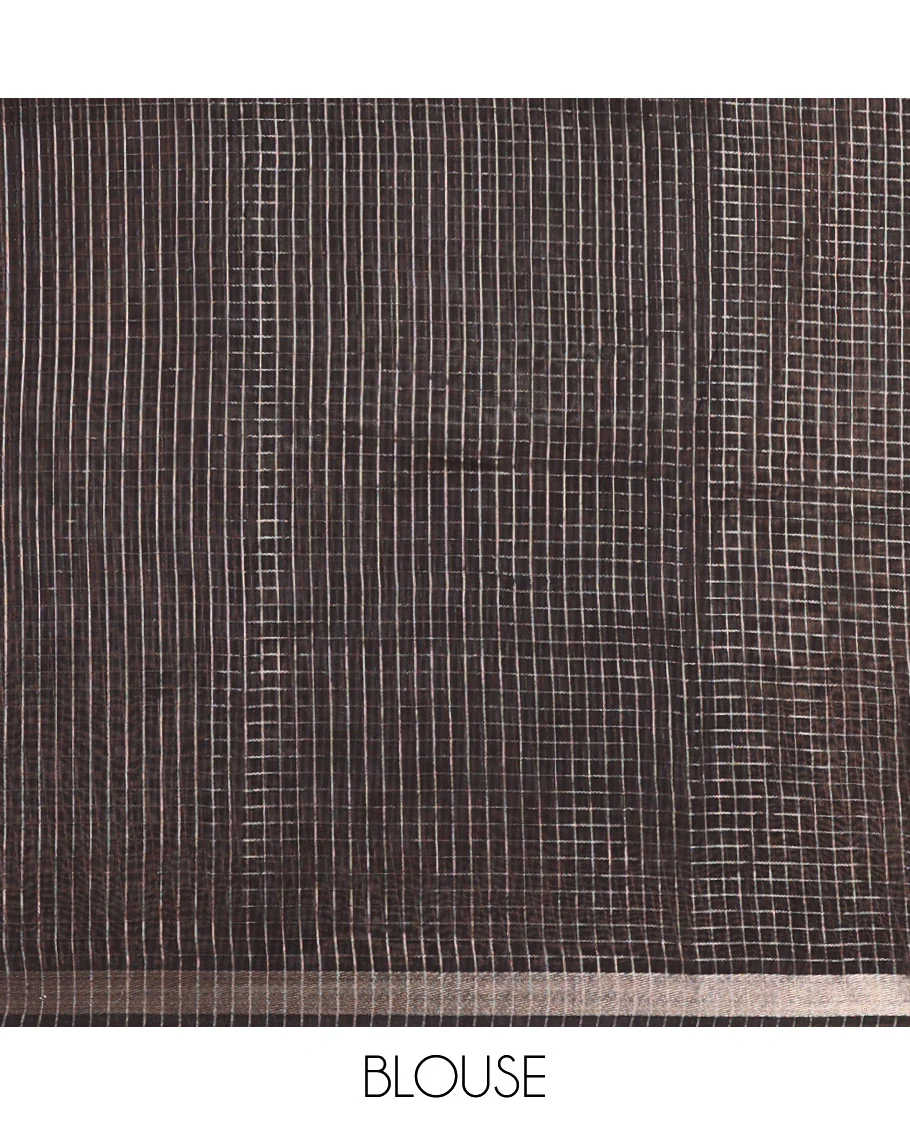 Black Assam Silk Saree Graced with Micro-Checks and Floral Prints, Featuring a Simple Piping Border, Subtly Woven Pallu with Zari Stripes, Paired with a Matching Checked Blouse - Image 4