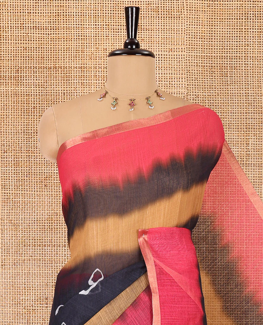 Black bandhani motifs printed linen cotton saree, tri-color dye print and piping zari border, printed pallu, and a matching blouse - Image 2