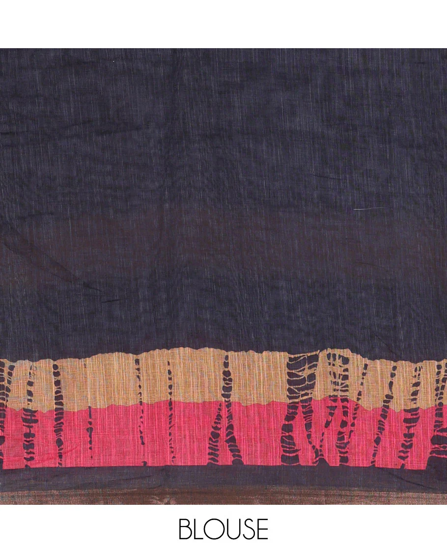 Black bandhani motifs printed linen cotton saree, tri-color dye print and piping zari border, printed pallu, and a matching blouse - Image 3