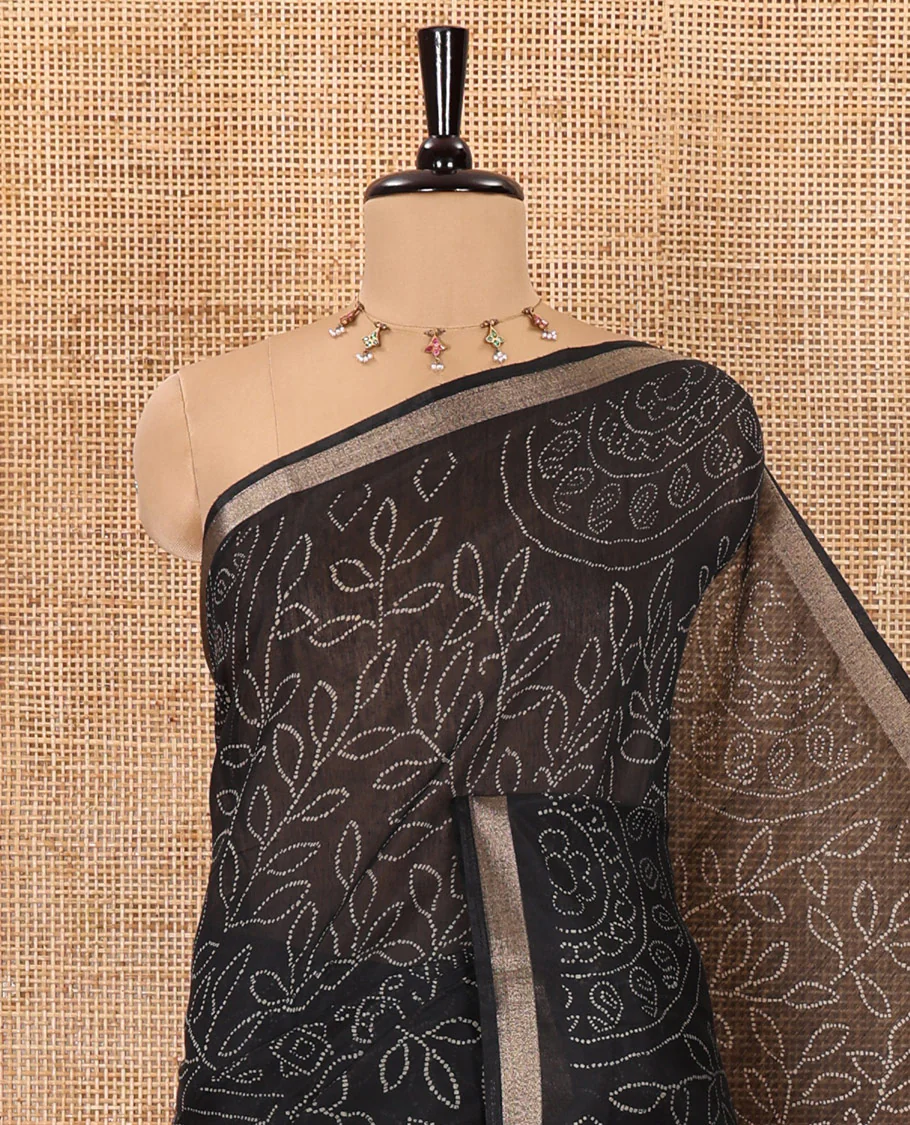 Black bandhani-style floral and chakra printed saree, zari piping border, contrast ajrakh printed pallu, and contrast ajrakh printed blouse - Image 2