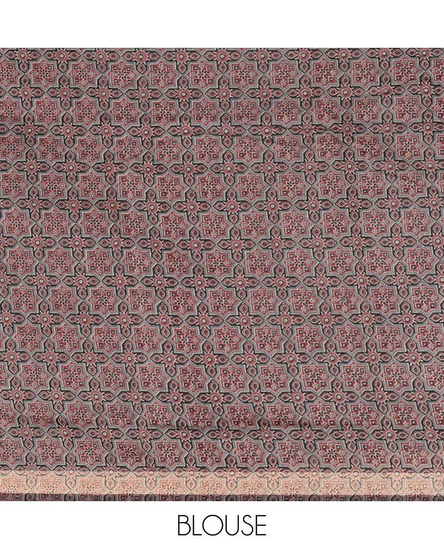 Black bandhani-style floral and chakra printed saree, zari piping border, contrast ajrakh printed pallu, and contrast ajrakh printed blouse - Image 3