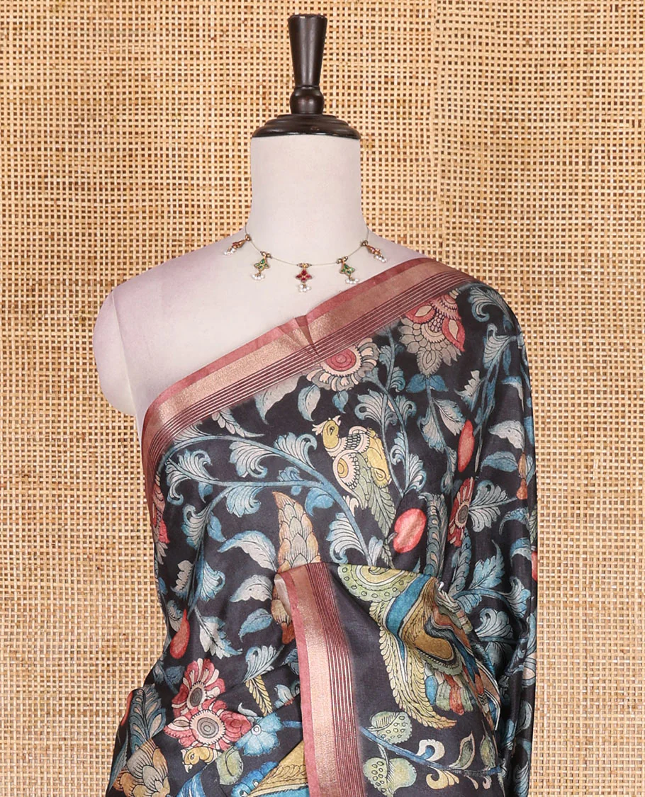 Black-base multi-color kalamkari floral-vine and peacocks printed semi-tussar saree, gold zari piping border, kalamkari printed pallu, and contrast printed blouse - Image 3