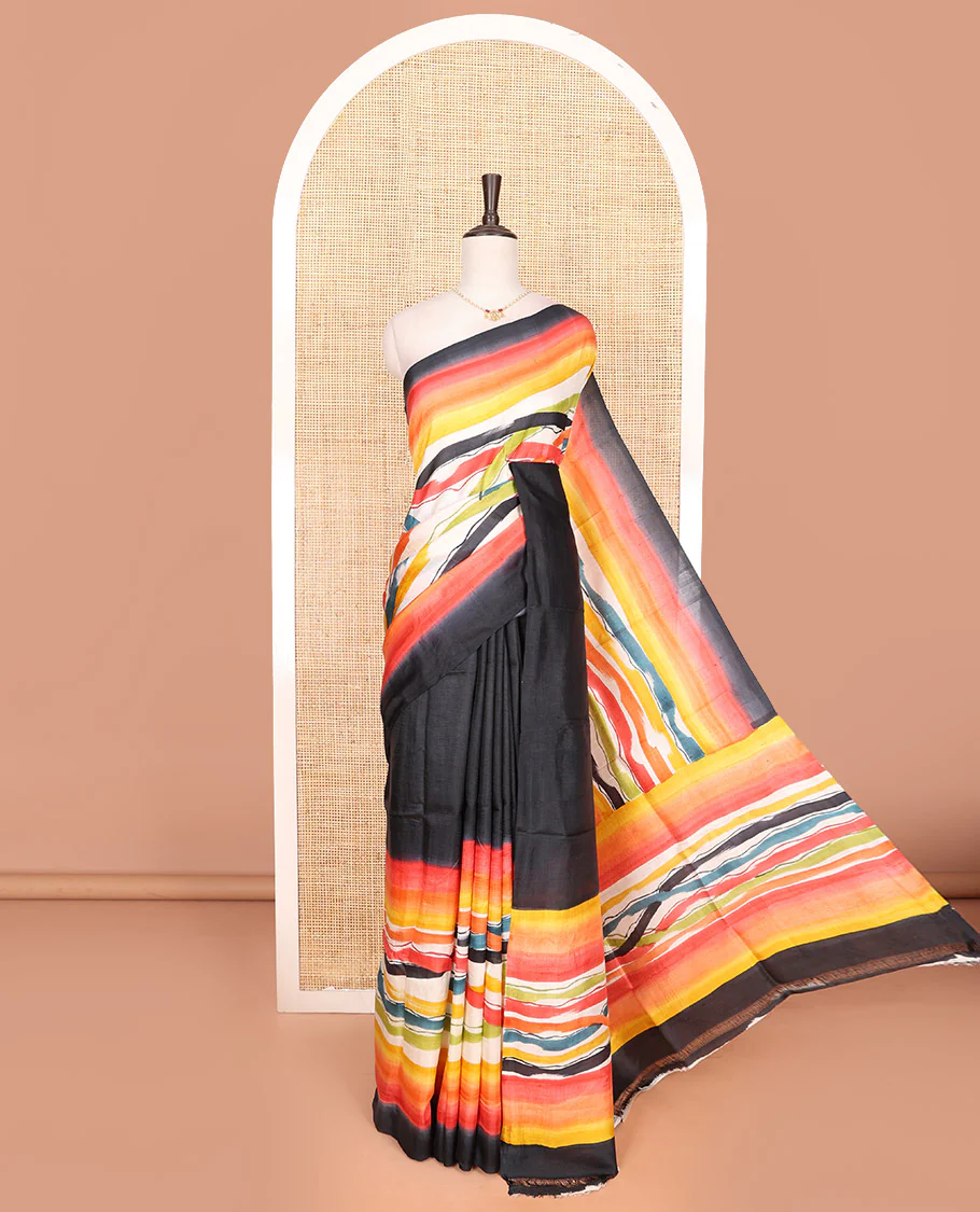 Black-base multi-color striped printed saree, self-pallu of colorful stripes