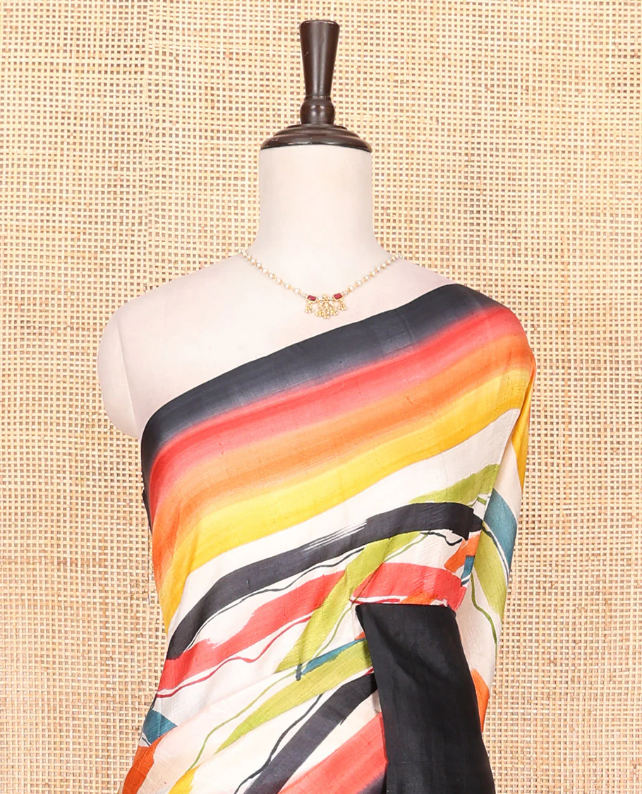 Black-base multi-color striped printed saree, self-pallu of colorful stripes - Image 2