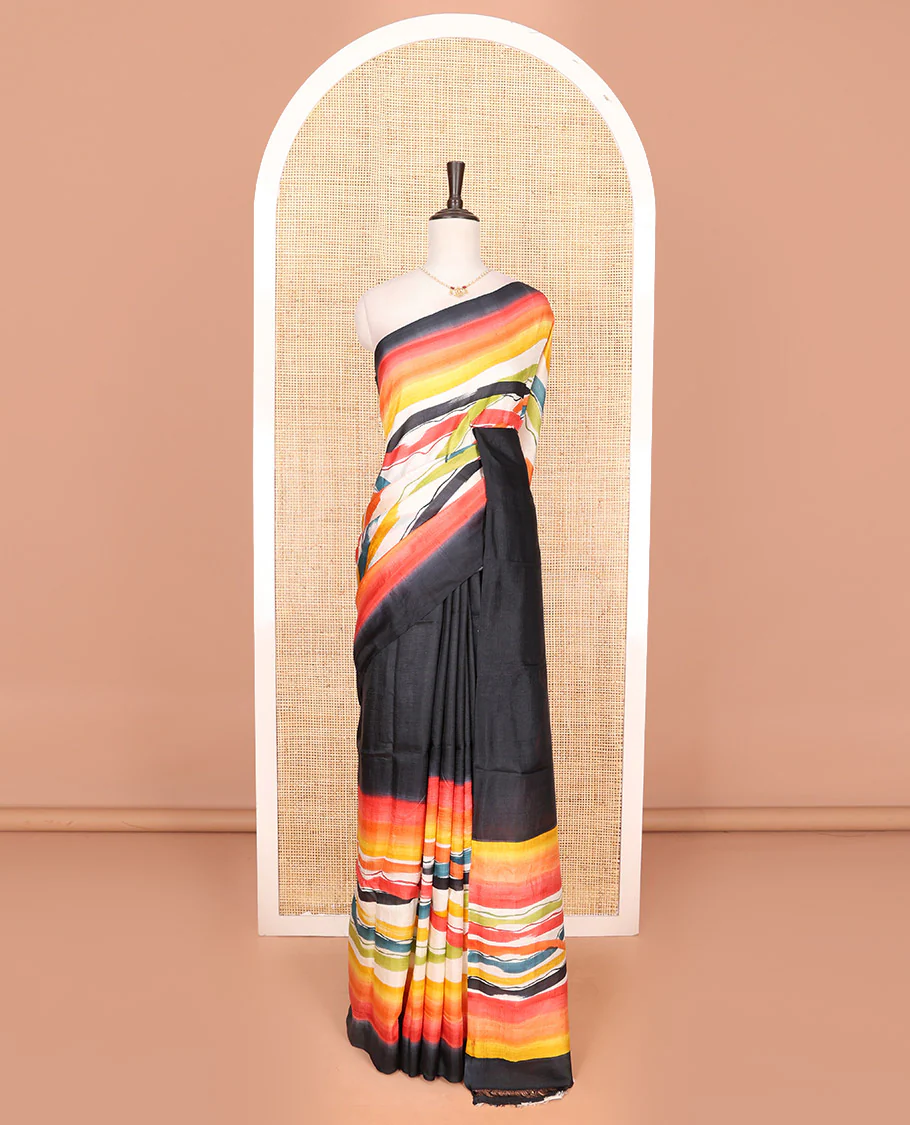 Black-base multi-color striped printed saree, self-pallu of colorful stripes - Image 3
