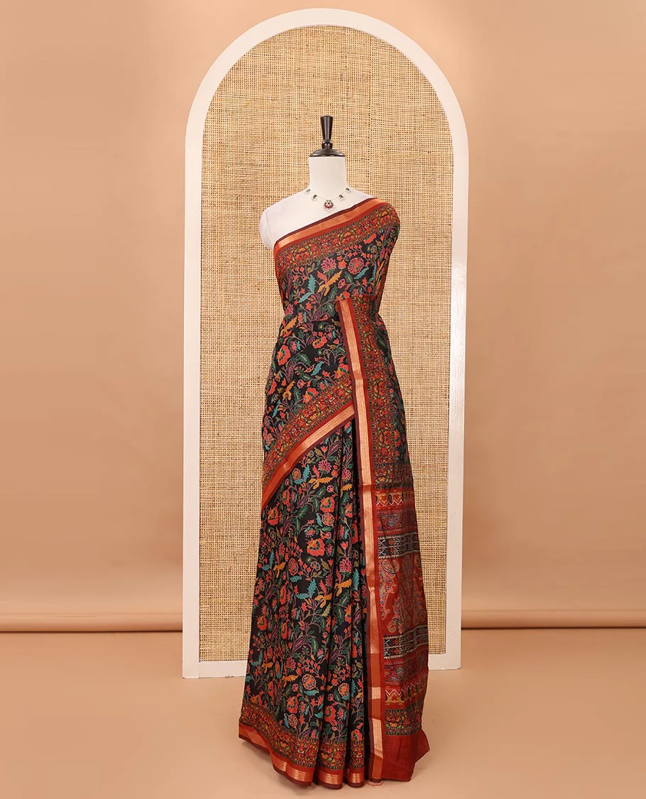 Black-base multi-hued floral vine printed viscose muslin saree, contrast zari piping border,print pallu & floral motifs print blouse - Image 2