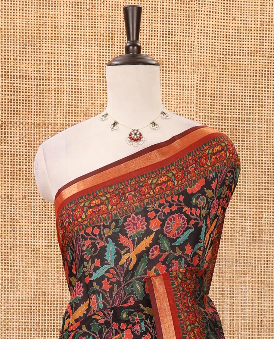 Black-base multi-hued floral vine printed viscose muslin saree, contrast zari piping border,print pallu & floral motifs print blouse - Image 3