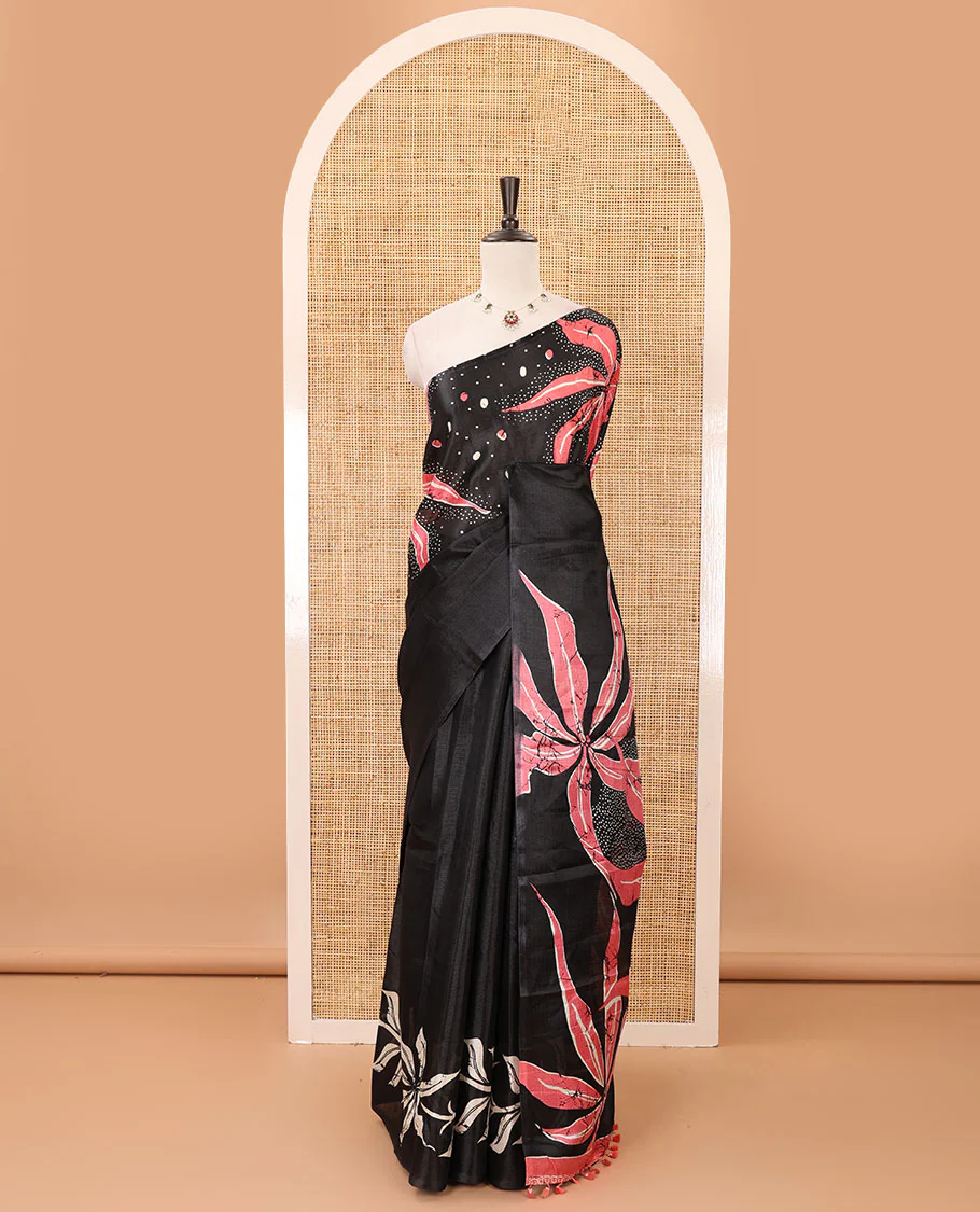 Black-base plain body khadi cotton saree with batik-style orange-color floral & dots printed on its border & pallu, plain black blouse - Image 2