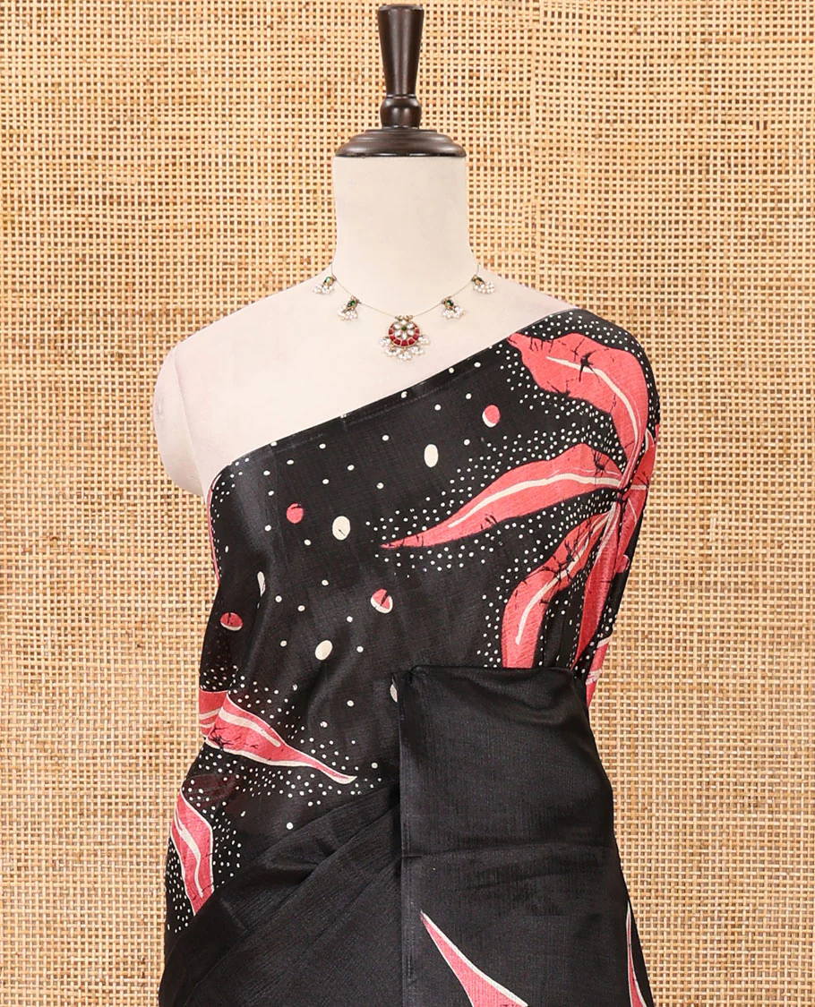 Black-base plain body khadi cotton saree with batik-style orange-color floral & dots printed on its border & pallu, plain black blouse - Image 3