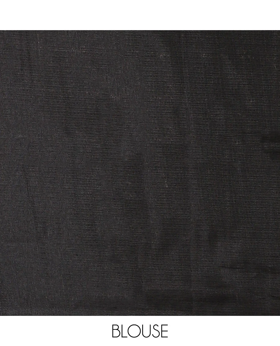 Black-base plain body khadi cotton saree with batik-style orange-color floral & dots printed on its border & pallu, plain black blouse - Image 4