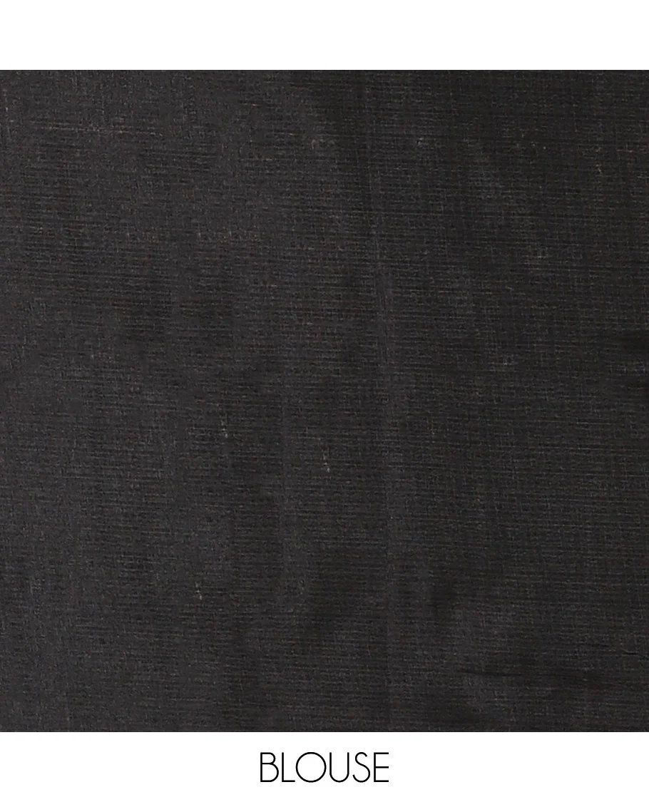 Black-base plain body khadi cotton saree with batik-style yellow-color radiant sunburst design on its border & pallu, plain black blouse - Image 4