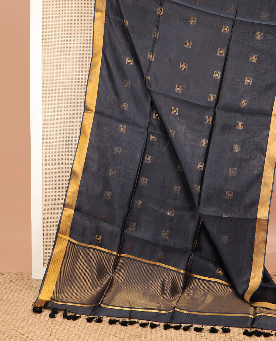 Black buttas banana pith saree, zari border, and zari striped pallu - Image 2