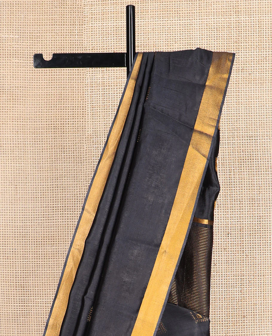 Black buttas banana pith saree, zari border, and zari striped pallu - Image 3