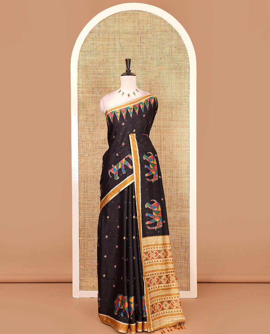 Black buttas & kaleidoscope color elephant motifs printed katan silk saree, contrast multi-hue temple motif border, ikkat geometric print pallu & contrast printed blouse - Image 2