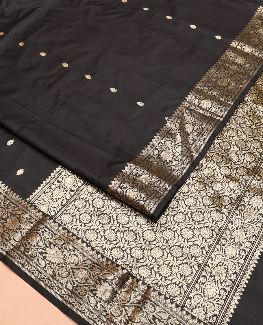 Black buttas kathan silk saree, traditional zari design border, and floral jaal pallu - Image 2