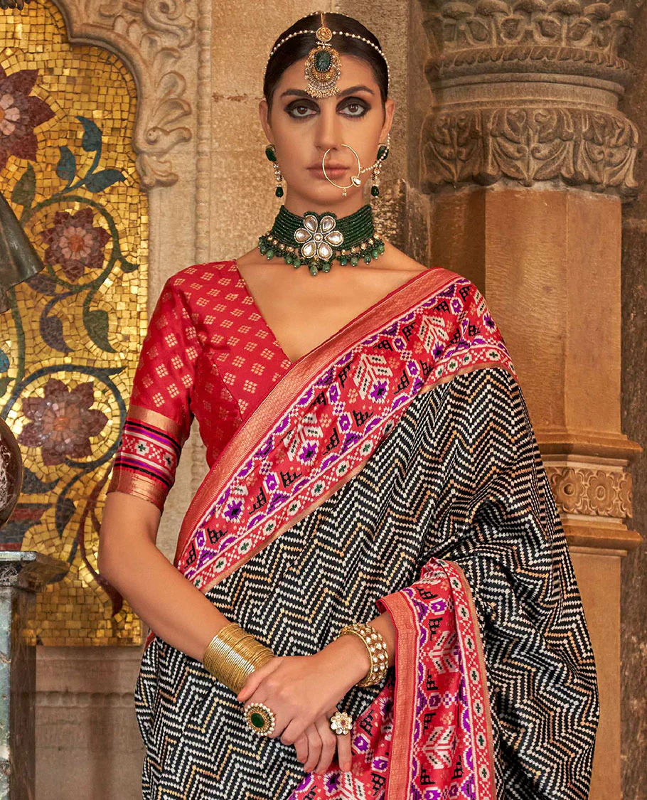 Black chevron stripes designer catalog saree, contrast patola design border, and patola printed pallu - Image 2