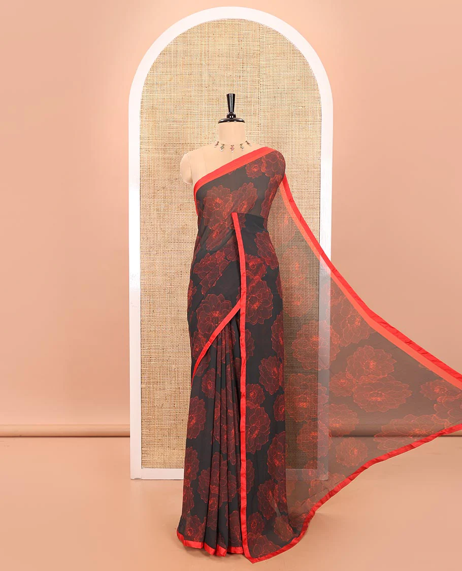 Black Chiffon Saree Artfully Printed with Multi-Petaled Flower Motifs Print, Contrast Lace Border, Self-Printed Pallu, and Paired with a Plain Blouse