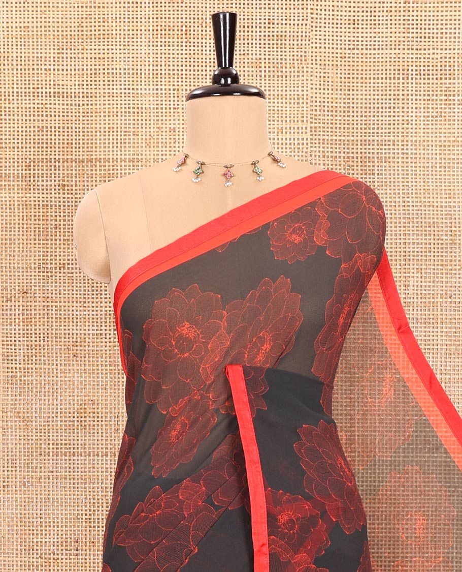 Black Chiffon Saree Artfully Printed with Multi-Petaled Flower Motifs Print, Contrast Lace Border, Self-Printed Pallu, and Paired with a Plain Blouse - Image 2
