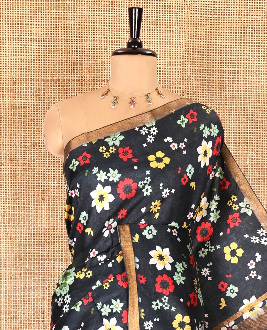 Black colorful floral printed banana pith saree, piping zari border, zari decked pallu, and a contrast floral printed blouse - Image 6