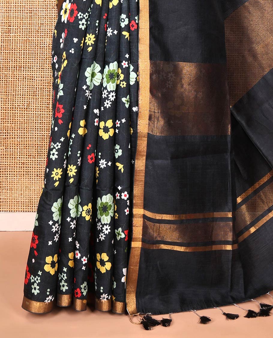Black colorful floral printed banana pith saree, piping zari border, zari decked pallu, and a contrast floral printed blouse - Image 7