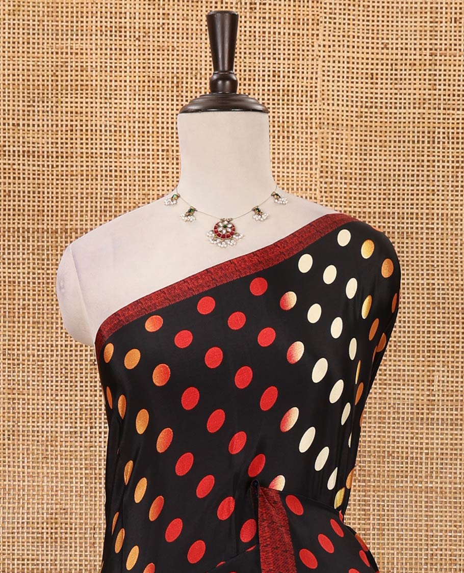 Black colorful polka dots printed satin crepe saree, contrast piping border, stripes printed pallu & contrast printed blouse - Image 3